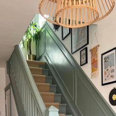 a staircase with pictures on the wall next to it and a plant in a pot