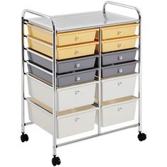 a metal cart filled with lots of drawers