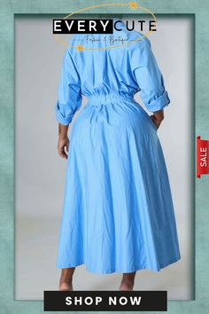 Sky Blue Casual Solid Patchwork Buckle Turndown Collar Shirt Dress Dresses Blue Casual Maxi Length Shirt Dress, Collared Blue Maxi Dress For Spring, Blue Casual Maxi Shirt Dress, Blue Button-up Solid Color Dress, Blue Long Sleeve Maxi Dress With Buttons, Long Sleeve Blue Maxi Dress With Buttons, Blue Collared Casual Dress, Blue Button-up Maxi Dress For Casual Wear, Blue Button-up Maxi Dress For Casual Occasions