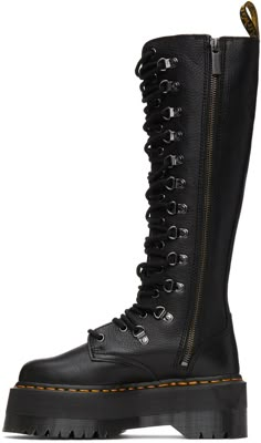 Knee-high grained leather boots in black. Round toe. Tonal modified lace-up closure. Zip closure at inner side. Logo-woven webbing pull-loop in black and yellow at heel collar. Signature yellow stitching at welt. Tonal signature treaded Air Cushion rubber platform sole. Logo-engraved gunmetal-tone hardware. Approx. 1.75 platform; 2.25 heel. Supplier color: Black pisa Dr Martens Boots Outfit, Doc Martens Platform, Tall Lace Up Boots, Knee High Platform Boots, Doc Martens Outfit, Goth Shoes, Dr Martens Black, Dr Martens Boots, Boots Knee