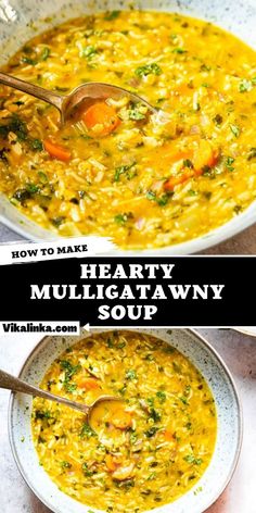 two bowls of hearty mulligatawmy soup with spoons in them