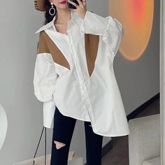 44487994835166|44487994867934 Straight Clothes, Female Clothing, Shirt For Women, Office Ladies, Grey Fashion, Clothing Patterns, Types Of Shirts, Sleeve Styles, Color Blocking