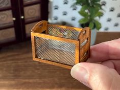 a hand holding a small wooden box with metal mesh in it