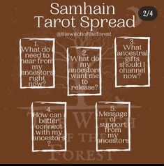 the poster for samhan tarot spread, which includes four different types of words