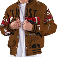 Brand Dunkare Archaeo Brown 5s Shirt Snake Trust No One All Over Print Baseball Varsity Jacket Luxury Brown Casual Varsity Jacket, Brown Varsity Jacket With Letter Print, Sporty Varsity Jacket With Graphic Print, Varsity Outerwear With Graphic Print, Black Varsity Jacket With Graphic Print, Varsity Jacket Men, Baseball Varsity Jacket, Trust No One, All Over Print