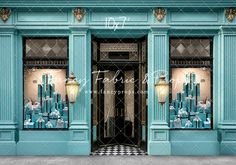 an image of a store front with blue and white decorations