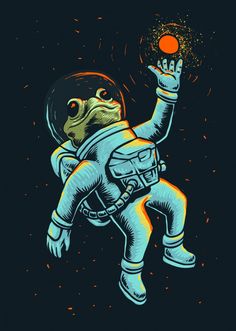 an astronaut floating in the air with his hand up to grab something out of the ground