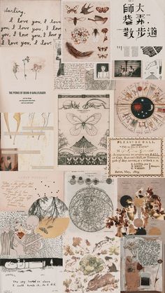 an assortment of different types of paper with writing and pictures attached to the side of it