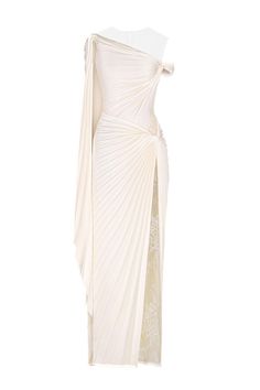 Women's Parahélios Sarong Illusion Neck Polyester Floor Length Dress XS/S/M/L/XL Ivory MEAN BLVD Pre-draped Maxi Dress With Folds, Pre-draped Maxi Cocktail Dress, Spring Gala Dress With Folds, Luxury Fitted Pleated Evening Dress, White Pleated Floor-length Dress, Fitted Pre-draped Gown For Dinner, Pre-draped Pleated Silk Dress, Fitted Pleated Pre-draped Evening Dress, Gala Long Dress With Pleated Bodice