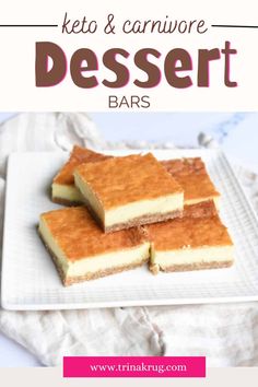 keto and carnivor dessert bars on a white plate with text overlay