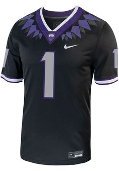 Get a piece of the Horned Frogs Horned Frogs action with this TCU Horned Frogs Black Replica Game Football Jersey. You'll look like one of the team as you wear this Jersey to support your Horned Frogs. With a screen print team wordmark and number on front with number on back, this Football Jersey makes a great addition to any Horned Frogs fan's closet. Dri-FIT knit pique body fabric to keep you cool and comfortable, Screen-print front and back numbers, Stitched down team logo patch at center fro Black Jersey For Sports Season Fan Gear, Black Cotton Jersey For Sports Events, Black Team Spirit Jersey For Fan Gear, Black Sports Season Jersey For Fan Gear, Black Tops For College Football Season, Black Sports Fan Jersey For Fan Gear, Collegiate Black Tops For Team Events, Nike Sporty Jersey For Game Day, Cotton Team Spirit Jersey For Sports