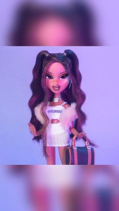 a doll with long hair holding a suitcase and wearing a white dress, standing in front of a purple background