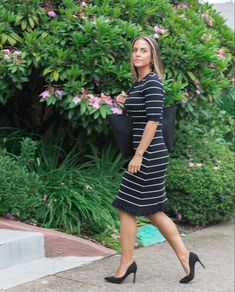 Maternity sweater dress, black and white striped pregnancy dress by MARION, knee length with 3/4 sleeves. Pregnancy and after style. Elegant Ribbed Knit Dress, Chic Stretch Knit Dress, Elegant Knit Stretch Bodycon Dress, Elegant Stretch Knit Bodycon Dress, Elegant Knit Bodycon Sweater Dress, Elegant Knit Bodycon Dress, Elegant Bodycon Knit Midi Dress, Elegant Ribbed Midi Dress For Day Out, Elegant Knee-length Knit Bodycon Dress