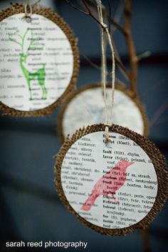 three ornaments hanging from twine with words in the shape of animals and birds on them