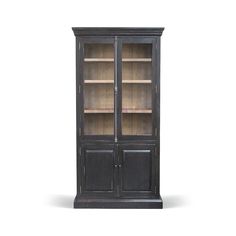 an old black bookcase with glass doors on the front and bottom shelves, isolated against a white background