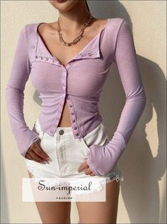 Purple  Single Breasted Translucent Long Sleeved Crop T-shirt Ribbed top Cute Y2k Aesthetic, Purple Lantern, Imperial Fashion, Table S, Aesthetic Minimalist, Purple Outfits, Crop T Shirt, Next Clothes, Bottoming Shirt