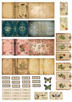 an assortment of old fashioned papers with flowers and butterflies on them, all lined up in rows