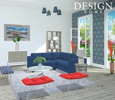 a living room with blue couches and red ottomans on the floor in front of large windows