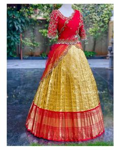 Half Saree For Kids, Bridal Face Makeup, Half Saree Models, Indian Long Dress, Pattu Lehenga, Saree Ceremony, Frock Models