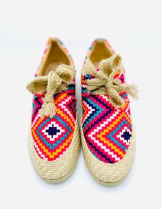 Handmade with special fabric all the way from Leon, Guanajuato, these BoHo Tennis Shoes aren't just adorable, but they're easy to wear! The inside is soft, the bottoms are durable, and they are easy to break in. A perfect option for someone who needs a comfortable shoe, and did I mention they're adorable?! Handmade in Leon, Guanajuato Vegan Friendly Sizes 6-9 ﻿Pro-tip! These shoes are also half-size friendly! They loosen up quite a bit once you break them in so if you are a half size, you can si Casual Woven Slip-on Espadrilles, Multicolor Slip-on Espadrilles For Beach, Bohemian Slip-on Espadrilles With Woven Sole, Casual Multicolor Espadrilles With Woven Sole, Bohemian Slip-on Espadrilles For Vacation, Multicolor Espadrilles With Woven Sole For Vacation, Casual Multicolor Espadrilles, Casual Pink Espadrilles For Vacation, Multicolor Slip-on Espadrilles For Vacation