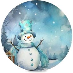 a painting of a snowman wearing a blue hat and scarf with trees in the background