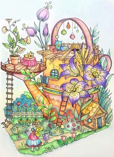 a drawing of a house with lots of flowers and plants on it's roof