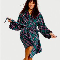 Warm Cozy Very Soft Great To Lounge In.....Beautiful Colors Cozy Plaid Long Sleeve Sleepwear, Cozy Long Sleeve Plaid Sleepwear, Plaid Winter Sleepwear For Loungewear, Plaid Sleepwear For Winter Loungewear, Green Winter Lounging Sleepwear, Plaid Winter Sleepwear, Winter Plaid Sleepwear, Victoria's Secret Long Sleeve Sleepwear For Overnight, Embroidered Robes