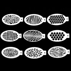 six oval stencils with different patterns on them, all in black and white