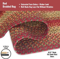 a red and green rug with the words braided rug on it