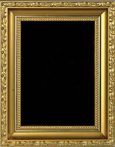 an ornate gold frame with black background and white border on the bottom, is shown