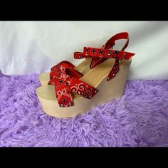 These Brand New Red Paisley Platforms Are Ideal For Your Tropical Vacations And Summer Fits! They Do Not Have A Box But Will Be Packaged Properly :) Size 8 Cute Red Sandals With Round Toe, Trendy Red Round Toe Sandals, Casual Red Heels For Vacation, Trendy Adjustable Wedge Sandals For Party, Trendy Red Wedge Sandals With Round Toe, Cute Red Sandals For Summer, Red Summer Wedge Sandals For Vacation, Trendy Red Open Toe Sandals, Casual Red High Heel Sandals