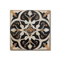 a black and white tile with an intricate design on the back side, in square shape