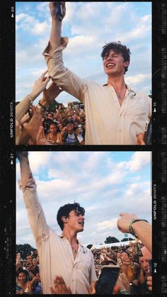 two pictures of a man with his hands up in the air at a music festival