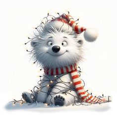 a white furry animal wearing a red and white striped scarf with christmas lights on it's head