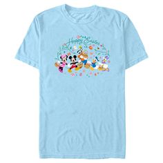 Who knew that dressing "mousey" could be so cute!? Celebrate Walt Disney's most iconic character with fun new officially licensed Mickey and Friends apparel for the whole family! This Men's Mickey and Friends Happy Easter Group Egg Hunt Graphic T-Shirt features Minnie, Mickey, Goofy, Donald, and Daisy with their baskets filled with eggs, along with "Happy Easter" above in green and red floral lettering. Whether you're a super fan, or just looking for a unique 'fit for a trip to the Disney parks, Spring Mickey Mouse Crew Neck T-shirt, Disney T-shirt For Fan Events In Spring, Blue Spring T-shirt With Character Print, Mickey Mouse Crew Neck T-shirt For Spring, Blue Mickey Mouse Playful T-shirt, Disney Cotton T-shirt For Spring, Disney Character Print T-shirt For Spring, Spring Disney T-shirt For Fan Events, Floral Lettering