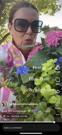 a woman wearing sunglasses and holding flowers in front of her face with the caption blue haze greening jenny