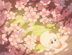 a cartoon character laying on top of a tree filled with pink flowers in the background