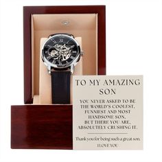 "Funny Gift for Son from Mom or Dad, Son Christmas Gift, Son Watch, Gift to Son from Father, Son Birthday Gift, Son Jewelry Gift from Parents, World's Best Son, Gift Ideas for Son, Son Graduation Gift ⌚Find a Wide Variety of Men's Watches: https://etsy.me/3nSu2XX ❤️ Comes with a  Mahogany Style Luxury Gift Box with LED lighting to take your gift giving presentation to the next level.  ⭐ Ways to Save: ⭐ Buy More and Save!  Buy 3 or more items and save 10%!  ⭐ Enter Discount Code SAVE3 at Checkout Brother Birthday Gift, Grandfather Birthday, Brother Birthday, Luxury Boxes, Watch Gifts, Grandpa Gifts, Sentimental Gifts, Skeleton Watch, Wristwatch Men