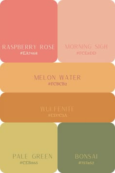 four different shades of pink, yellow and green with the words melon water on them