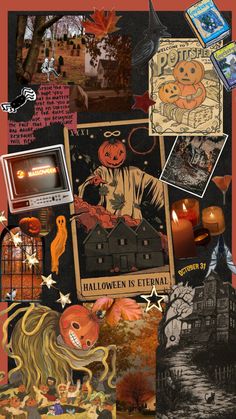 halloween collage with pumpkins, books and other things on it's surface