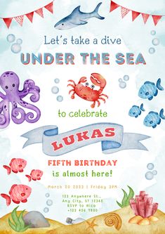 an ocean themed birthday party with under the sea animals and fish on it's blue background