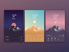 three mobile phones displaying different weather and temperature conditions, with mountains in the back ground