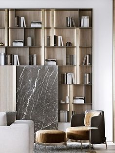 a living room filled with furniture and bookshelves