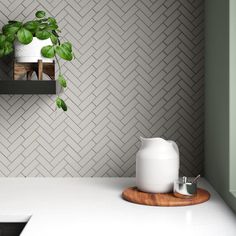 a white kitchen counter with a potted plant on the shelf and a wooden cutting board