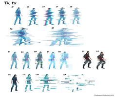 an image of some people walking around in different poses and colors on a white background