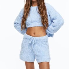 Both Sz Xs, Tag Detached From Shorts Cozy Blue Bottoms For Spring, Blue Bottoms For Lounging In Winter, Blue Lounging Bottoms For Winter, Cozy Blue Tops For Lounging, Cozy Blue Top For Lounging, Blue Winter Lounging Bottoms, Blue Winter Loungewear Bottoms, Knit Lounge Set, Fluffy Knit