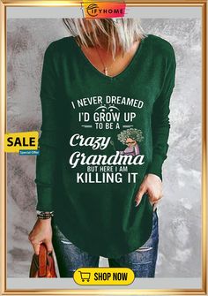 Letters Long Sleeve V Neck Casual Tunic T-shirt V-neck Letter Print T-shirt For Fall, Green V-neck Tops With Letter Print, Green Long Sleeve Slogan Top, Green Long Sleeve Top With Slogan, Green V-neck Graphic Tee, Green Long Sleeve Slogan T-shirt, Green Long Sleeve T-shirt With Slogan, Green Long Sleeve T-shirt With Letter Print, Fall Letter Print V-neck T-shirt