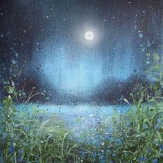 an oil painting of grass and flowers in the rain at night with a full moon