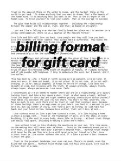 a black and white photo with the words billing format for gift card on it