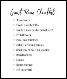 a sign with the words guest room checklist written in black and white on it